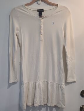 Ralph Lauren Girl's XL White Long Sleeve Henley Dress with Ruffled Hem